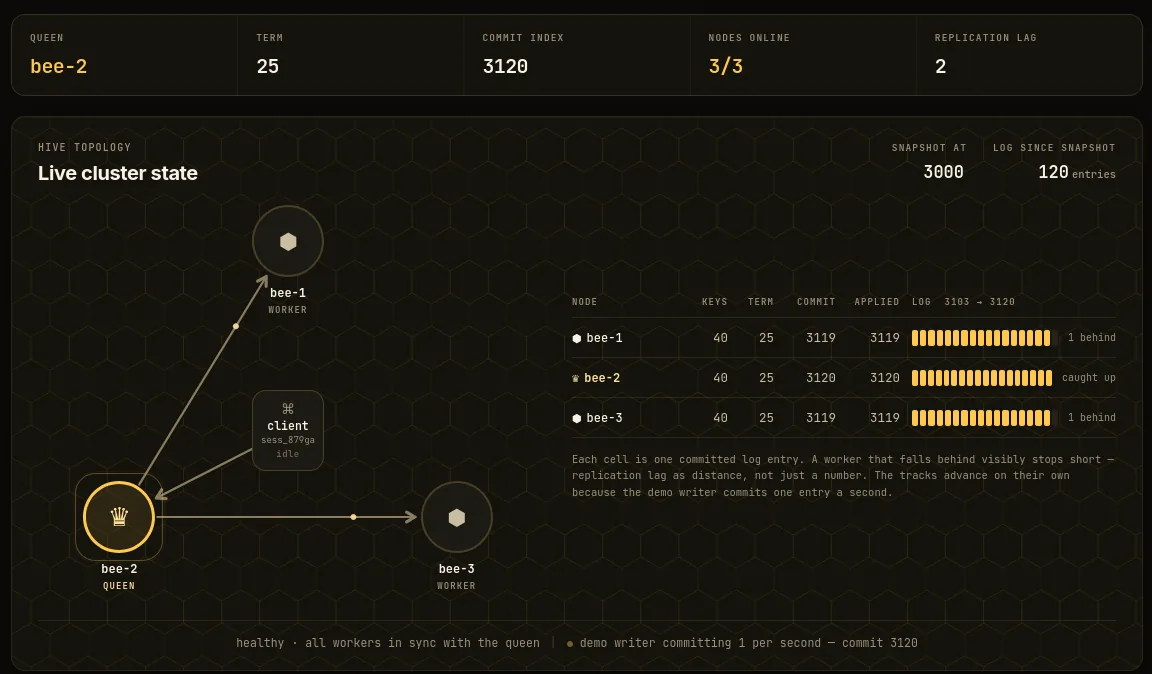 Demo, stable: bee-2 is queen in term 25, all three nodes online, logs in step.