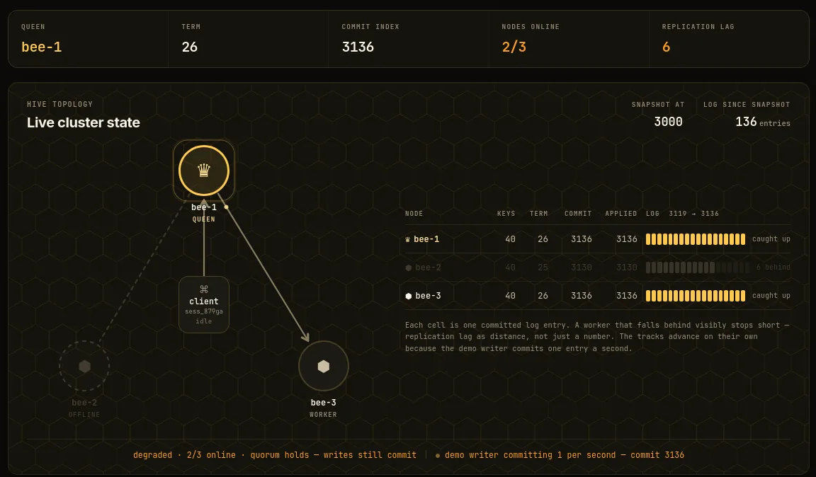 Demo, bee-2 still down: its log track stops six entries behind the others.