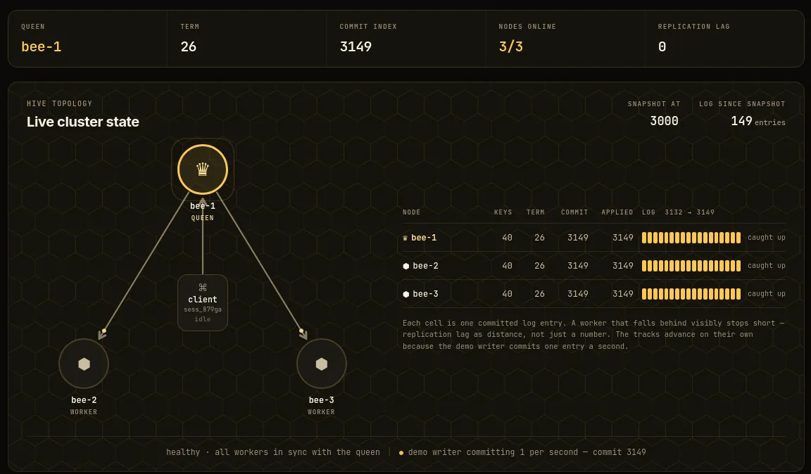 Demo, recovered: bee-2 is back as a worker, three of three online, lag zero.